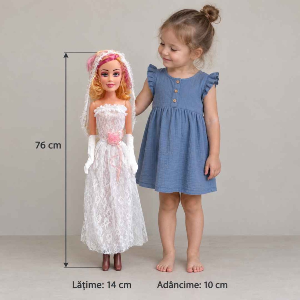 Dimensiunile păpușii mireasă: înălțime 76 cm, lățime 14 cm și adâncime 10 cm, ilustrate lângă o fetiță