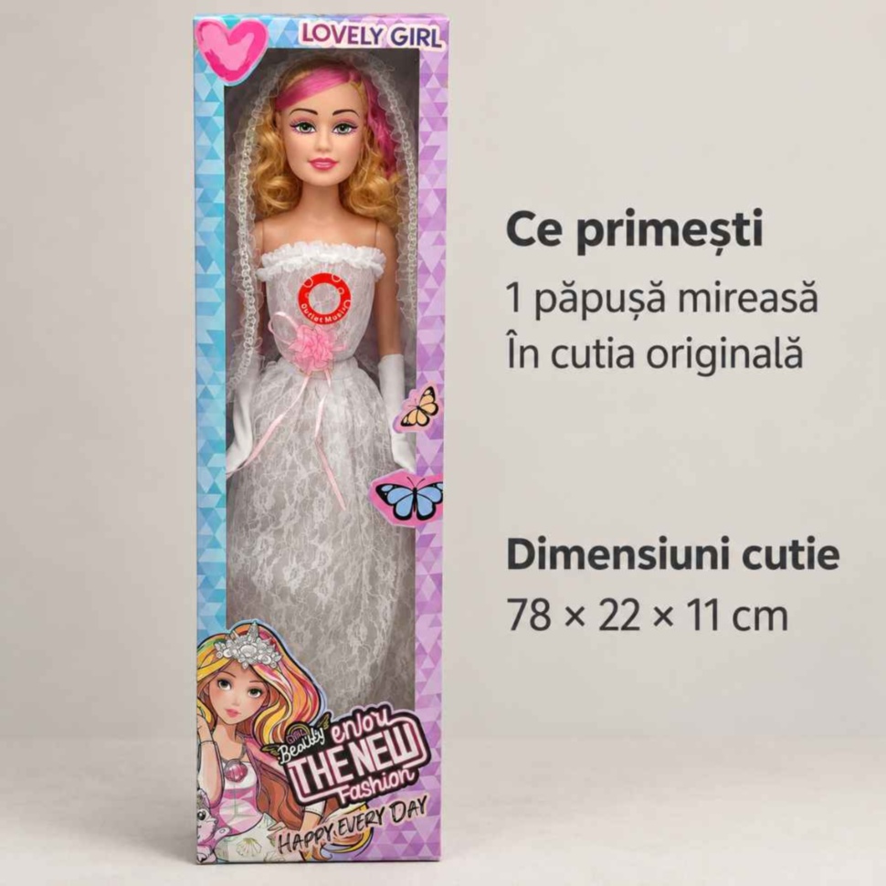 O păpușă mireasă Lovely Girl în cutia originală de 78 × 22 × 11 cm
