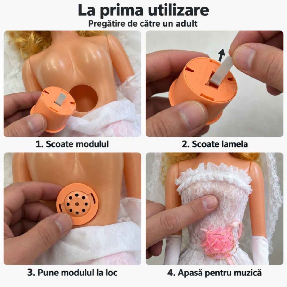 Pregătirea păpușii de către un adult: scoaterea modulului, îndepărtarea lamelei, montarea la loc și pornirea muzicii