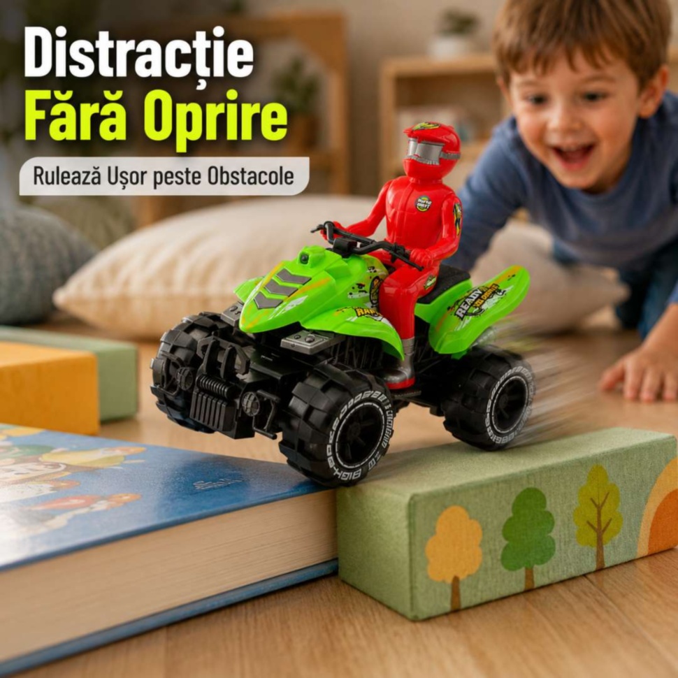 ATV de jucărie rulează peste obstacole mici în camera copilului