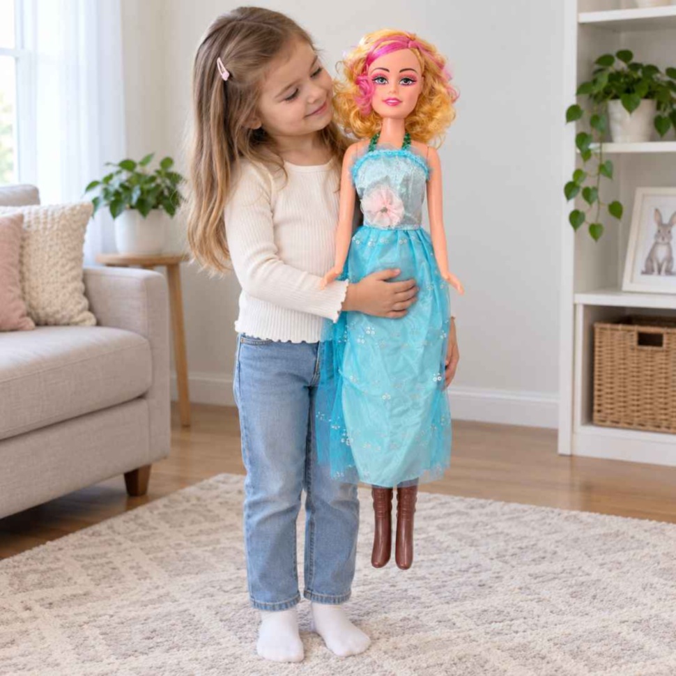 Fetiță ține păpușa mare Lovely Girl de 76 cm, cu rochie lungă și păr blond cu șuvițe roz