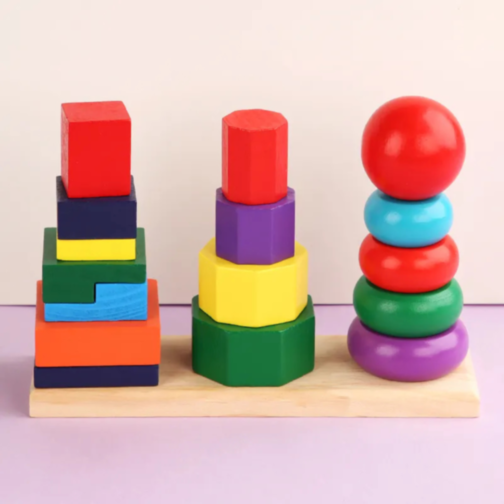 Turnuri Montessori din Lemn – Sortare, Stivuire și Forme Geometrice