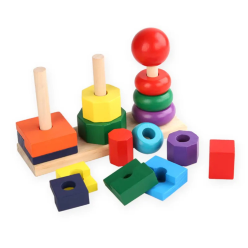 Turnuri Montessori din Lemn – Sortare, Stivuire și Forme Geometrice