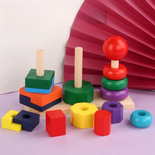 Turnuri Montessori din Lemn – Sortare, Stivuire și Forme Geometrice