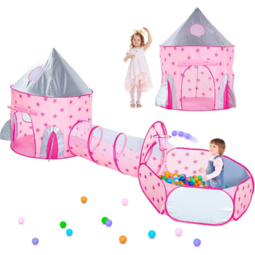 Set Cort Castel cu Tunel și Piscină de Bile, Roz, pentru Copii, Interior și Exterior