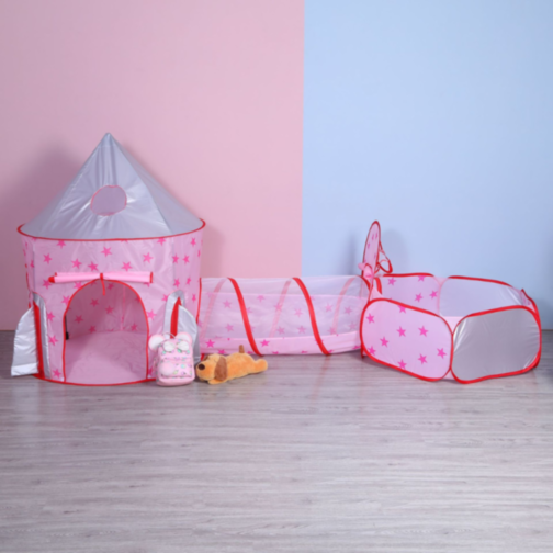 Set Cort Castel cu Tunel și Piscină de Bile, Roz, pentru Copii, Interior și Exterior