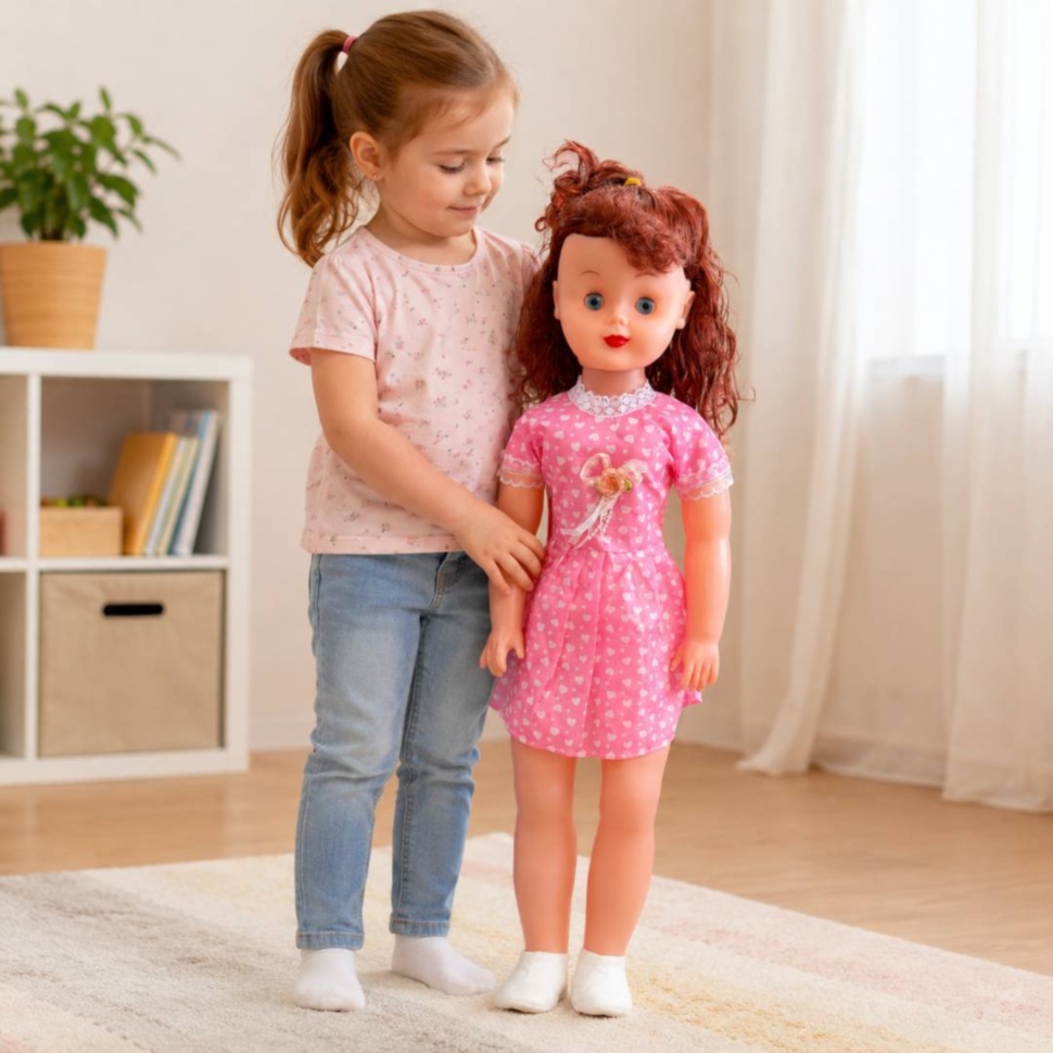 Fetiță se joacă acasă cu păpușa muzicală mare de 74 cm