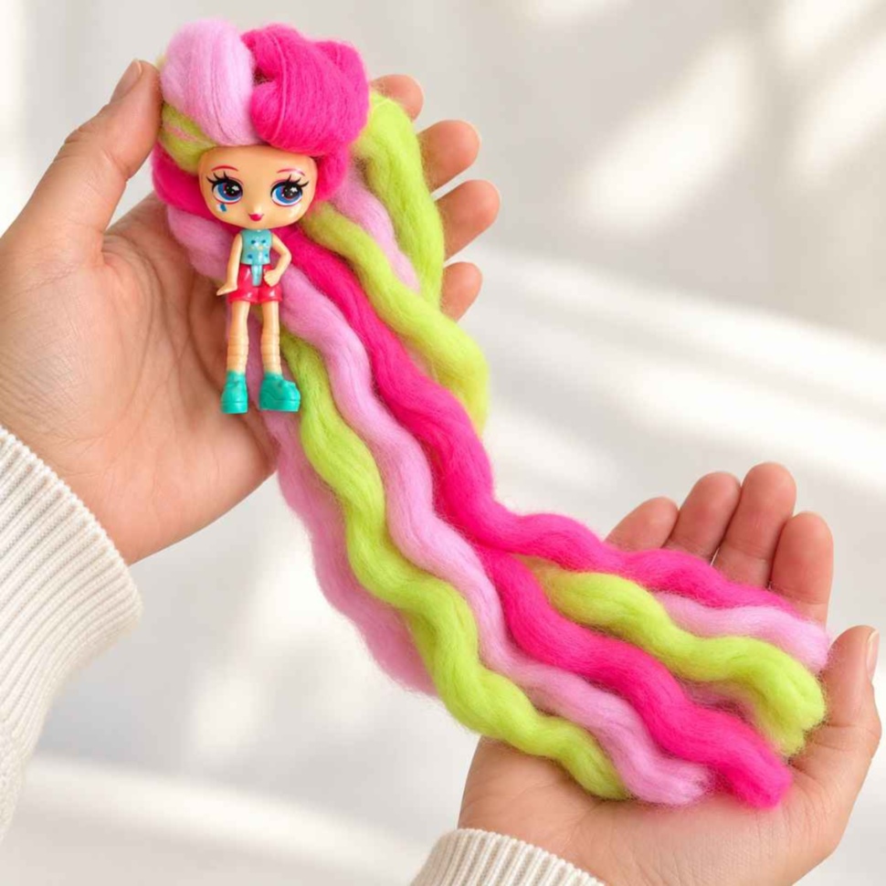 Păpușică Candylocks susținută în două mâini, cu cele 6 șuvițe lungi și colorate vizibile