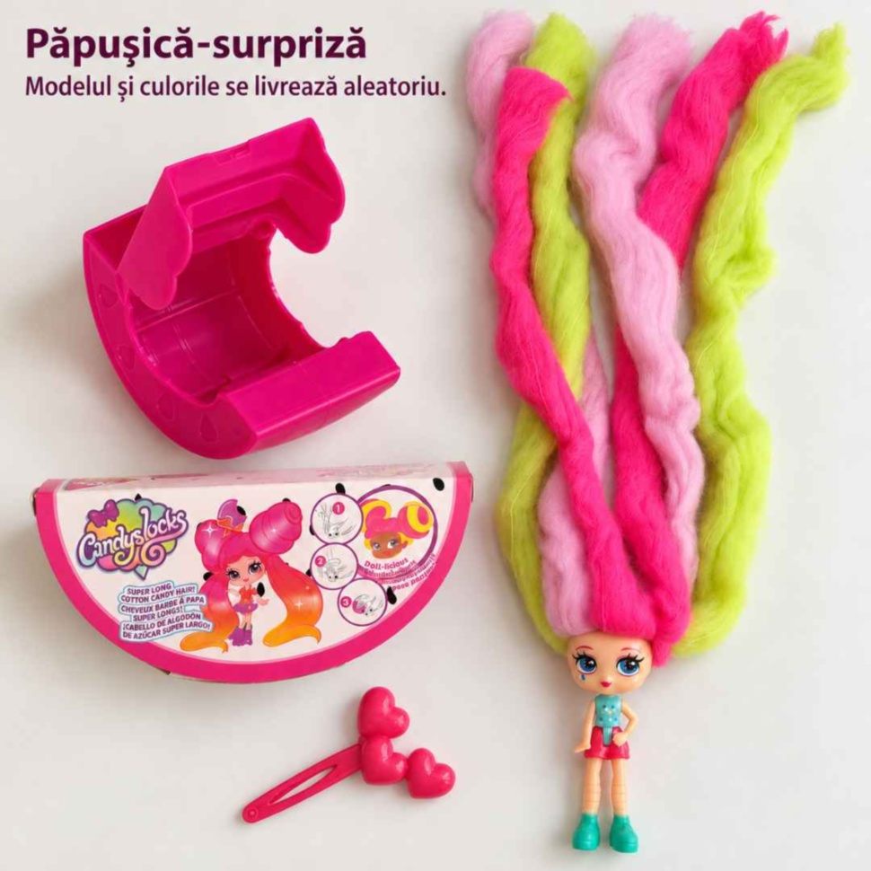 Exemplu de păpușică surpriză Candylocks cu ambalaj și accesoriu pentru păr; modelul și culorile se livrează aleatoriu