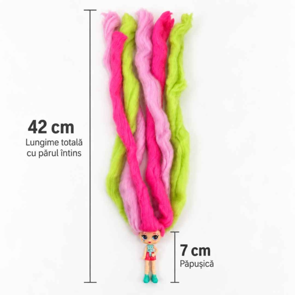 Dimensiuni Candylocks: păpușica are 7 cm, iar lungimea totală cu părul întins este de 42 cm