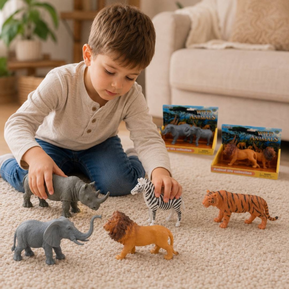 Copil se joacă cu figurine animale sălbatice safari