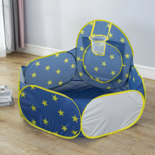 Set Cort de Joacă 3 în 1 pentru Copii, Castel Albastru cu Tunel și Piscină de Bile, Interior și Exterior
