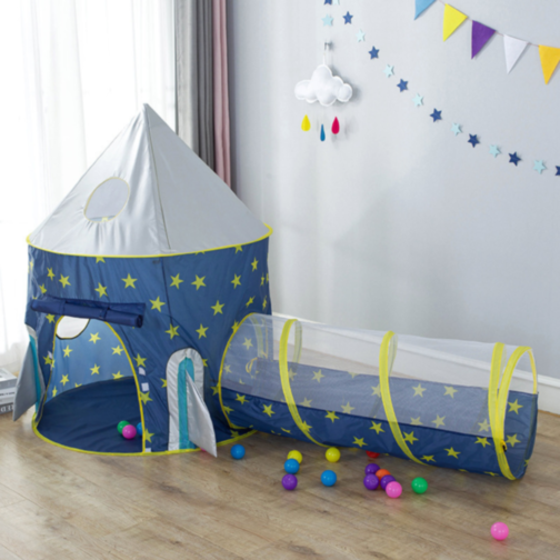 Set Cort de Joacă 3 în 1 pentru Copii, Castel Albastru cu Tunel și Piscină de Bile, Interior și Exterior