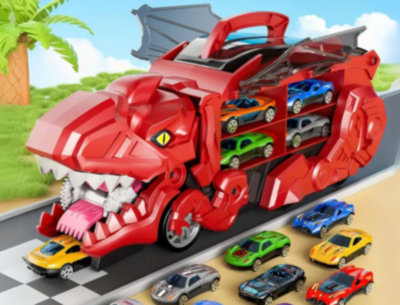 T-Rex Transportator cu 4 Mașinuțe Metalice – Dinozaur Transformabil (culoare aleatorie) | image