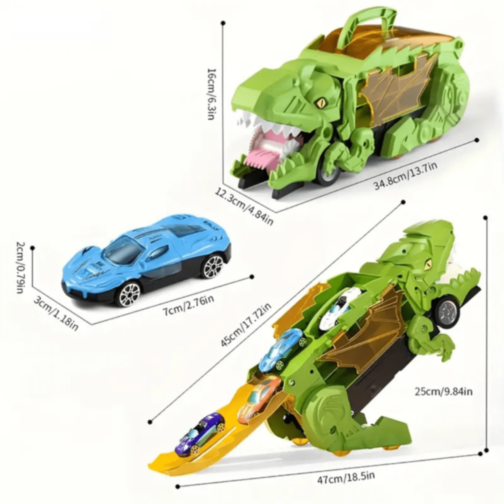T-Rex Transportator cu 4 Mașinuțe Metalice – Dinozaur Transformabil (culoare aleatorie) 