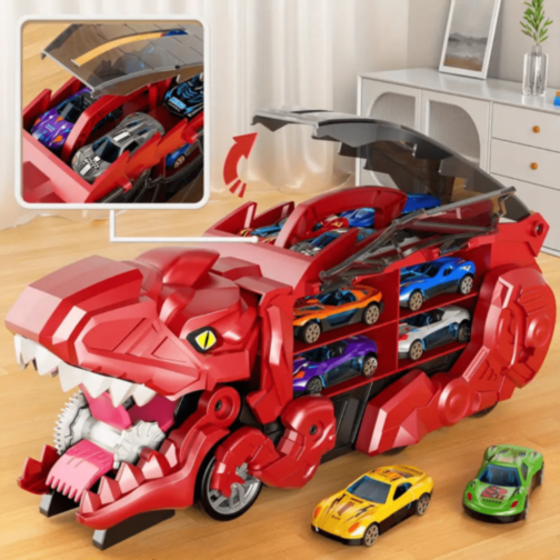 T-Rex Transportator cu 4 Mașinuțe Metalice – Dinozaur Transformabil (culoare aleatorie) 