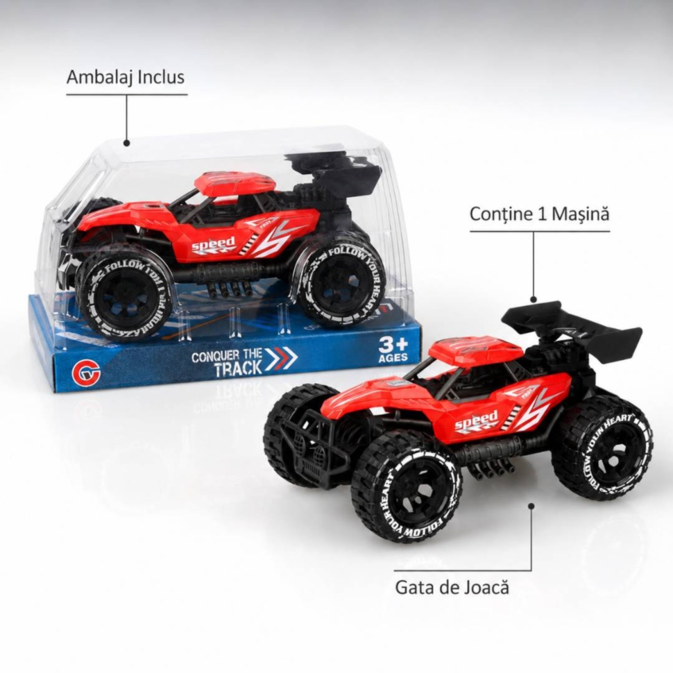 Conținut pachet: o mașină off-road cu inerție, gata de joacă