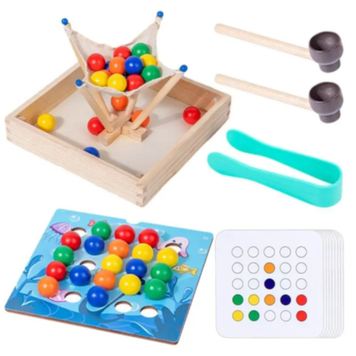 Joc Montessori din Lemn 3 în 1 – Prinde, Sortează și Potrivește Bile Colorate