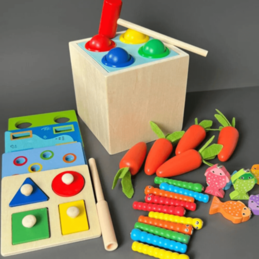 Cub Montessori Lemn 8 în 1 cu Legume și Pescuit Cub Montessori Lemn 8 în 1 cu Legume și Pescuit