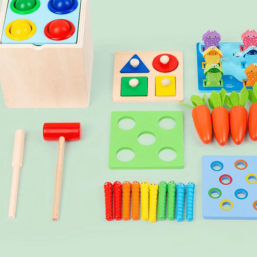 Cub Montessori Lemn 8 în 1 cu Legume și Pescuit Cub Montessori Lemn 8 în 1 cu Legume și Pescuit