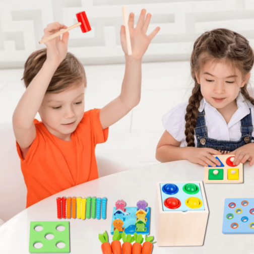 Cub Montessori Lemn 8 în 1 cu Legume și Pescuit Cub Montessori Lemn 8 în 1 cu Legume și Pescuit