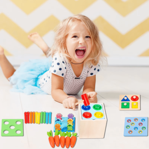 Cub Montessori Lemn 8 în 1 cu Legume și Pescuit Cub Montessori Lemn 8 în 1 cu Legume și Pescuit