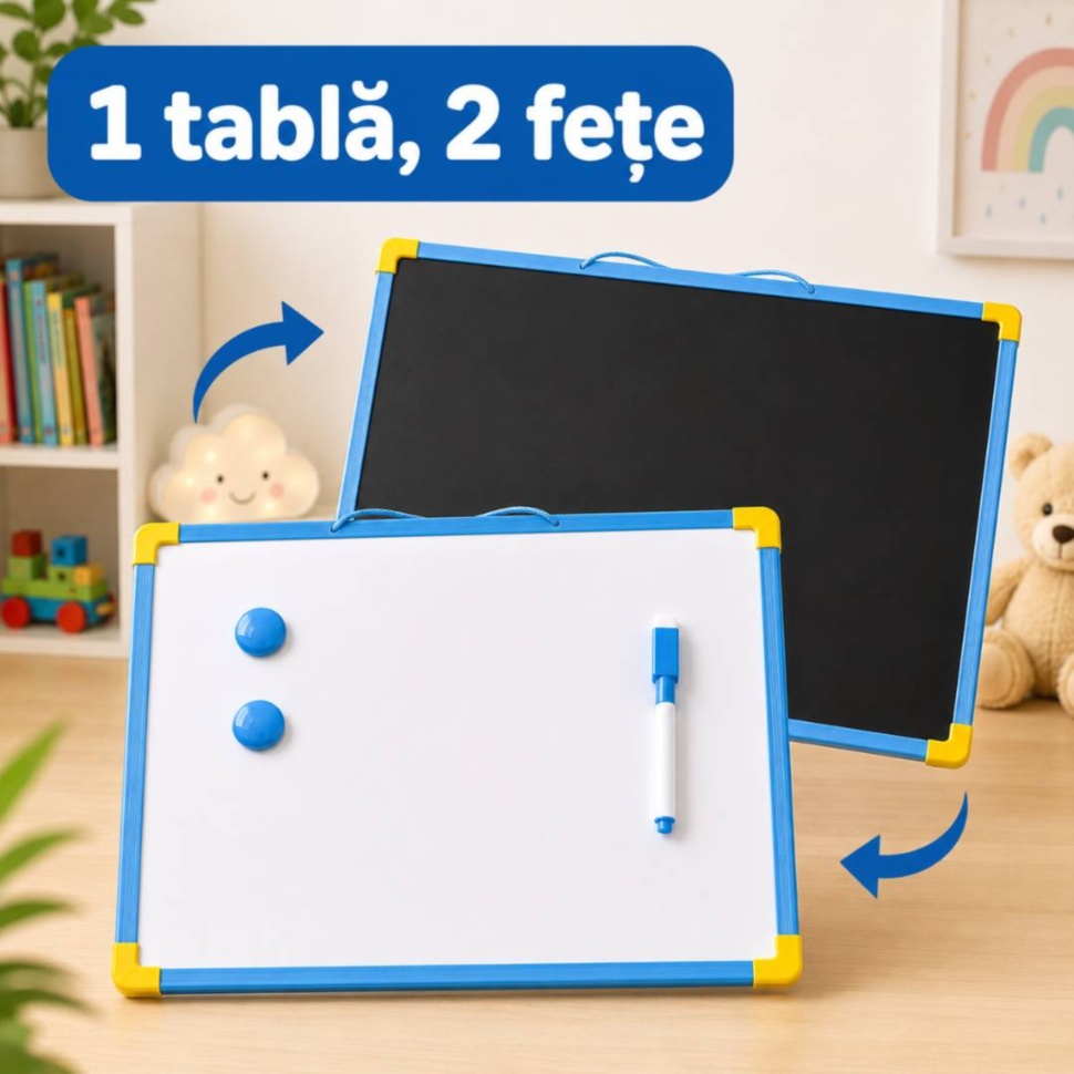 Tablă magnetică pentru copii cu față albă și față neagră