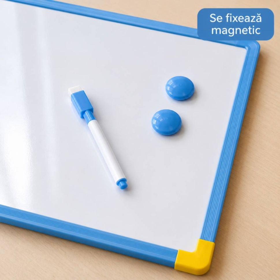 Cariocă și doi magneți fixați pe fața albă a tablei