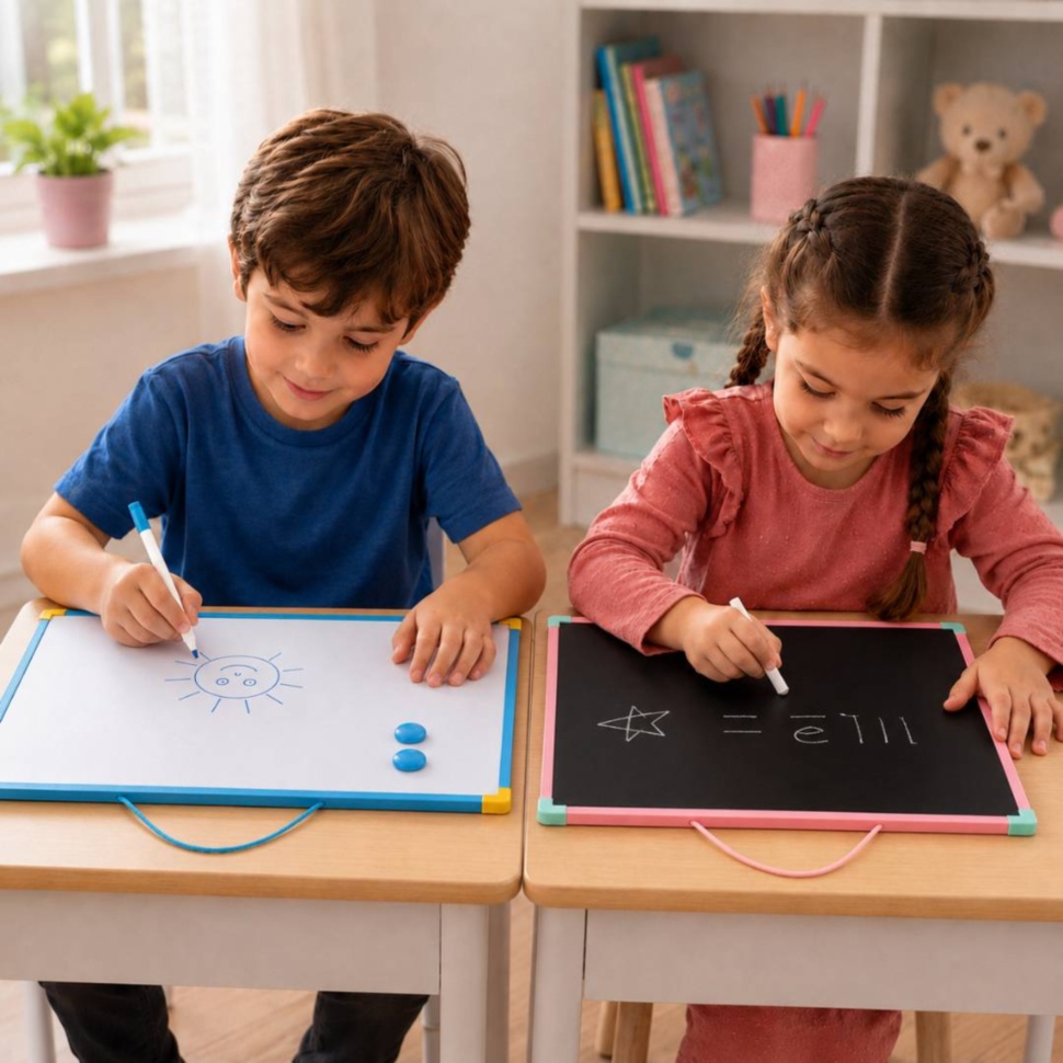 Copii folosesc cele două fețe ale tablei pentru cariocă și cretă