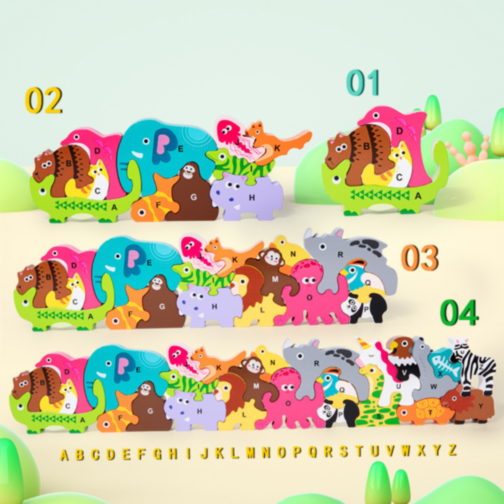 Puzzle din Lemn cu Animale și Alfabet – Joc Educativ