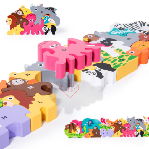 Puzzle din Lemn cu Animale și Alfabet – Joc Educativ
