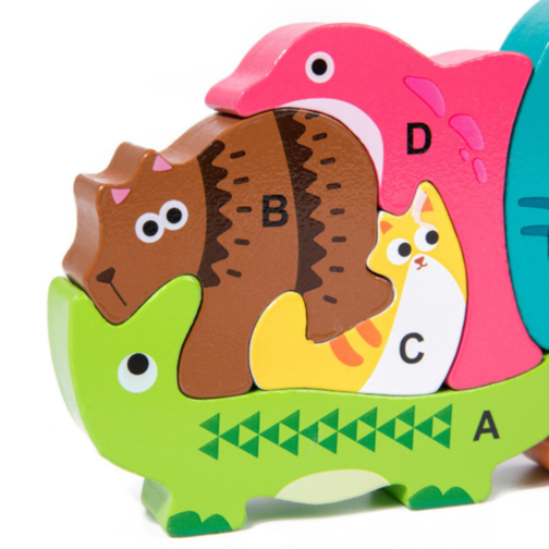 Puzzle din Lemn cu Animale și Alfabet – Joc Educativ