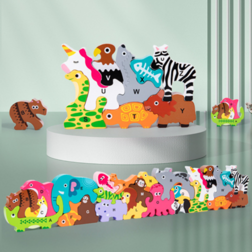 Puzzle din Lemn cu Animale și Alfabet – Joc Educativ