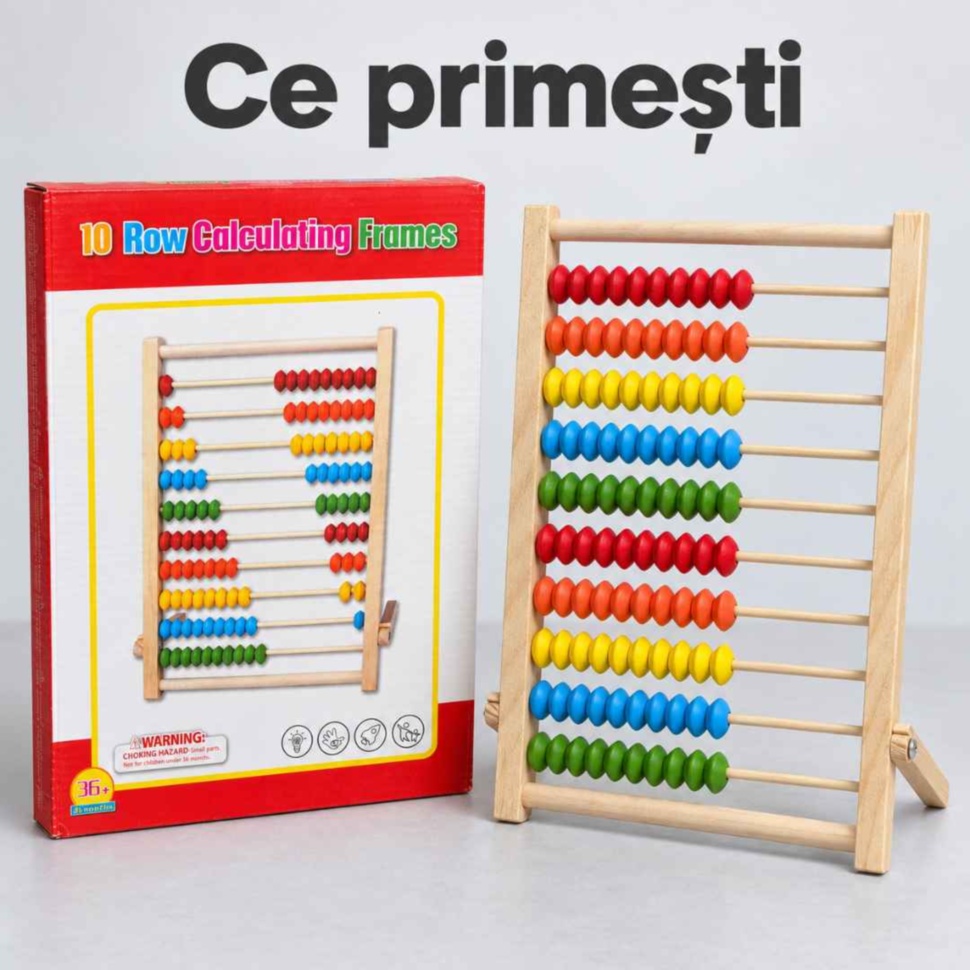 Conținutul pachetului: abac din lemn cu bile colorate și cutia originală