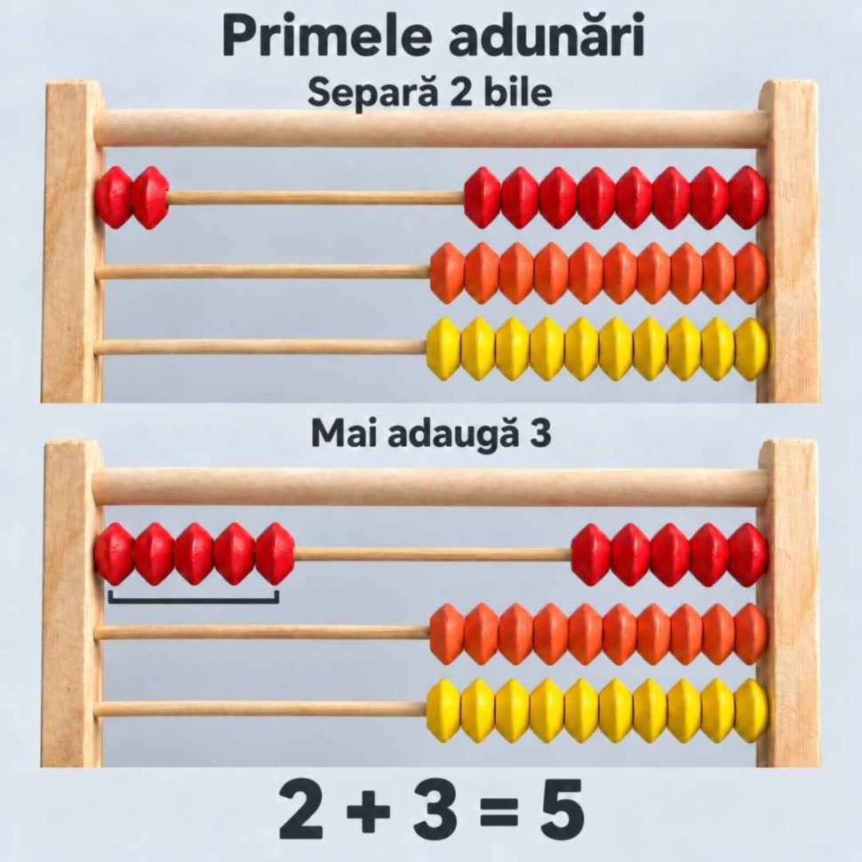 Exemplu de adunare pe abac: două bile plus trei bile fac cinci
