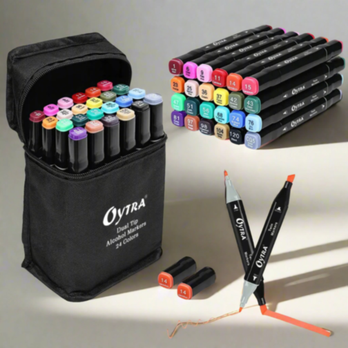 Set de 24 Markere Colorate Dublu Vârf cu Husă Compactă
