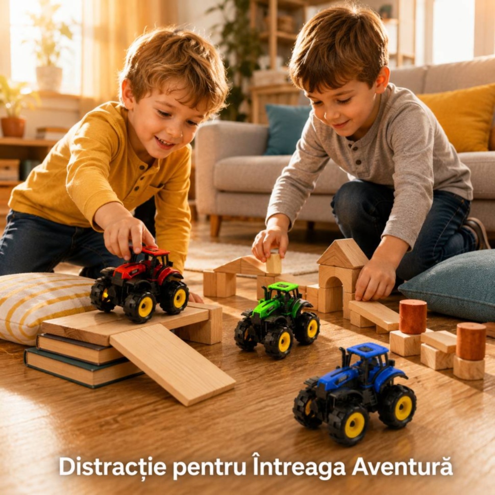 Copii se joacă cu mini tractoare off-road pe traseu improvizat