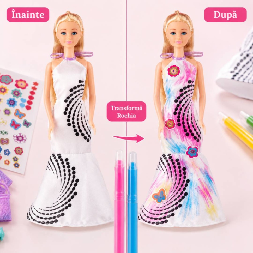 Transformare rochie păpușă înainte și după colorare cu carioci și stickere