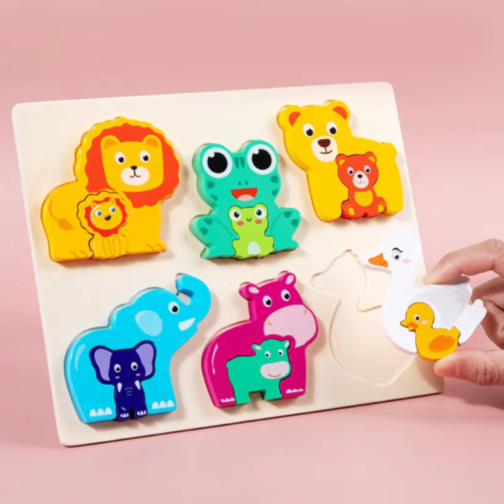 Puzzle de lemn cu animale și puii lor