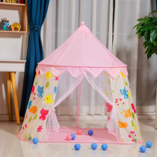 Căsuță de Joacă Roz Tip Cort pentru Copii, Model Animale Colorate, 125 cm