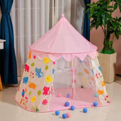 Căsuță de Joacă Roz Tip Cort pentru Copii, Model Animale Colorate, 125 cm