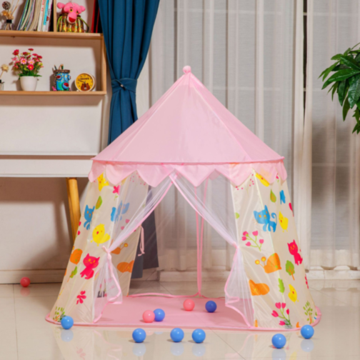 Căsuță de Joacă Roz Tip Cort pentru Copii, Model Animale Colorate, 125 cm