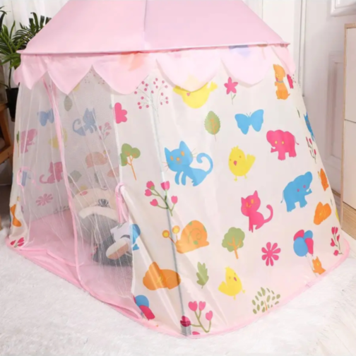 Căsuță de Joacă Roz Tip Cort pentru Copii, Model Animale Colorate, 125 cm