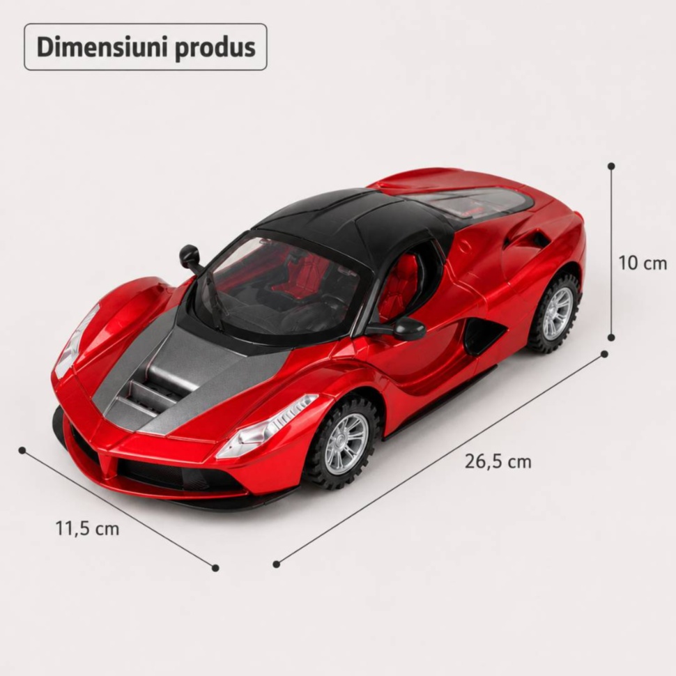 Dimensiuni mașină sport de jucărie 26,5 × 11,5 × 10 cm