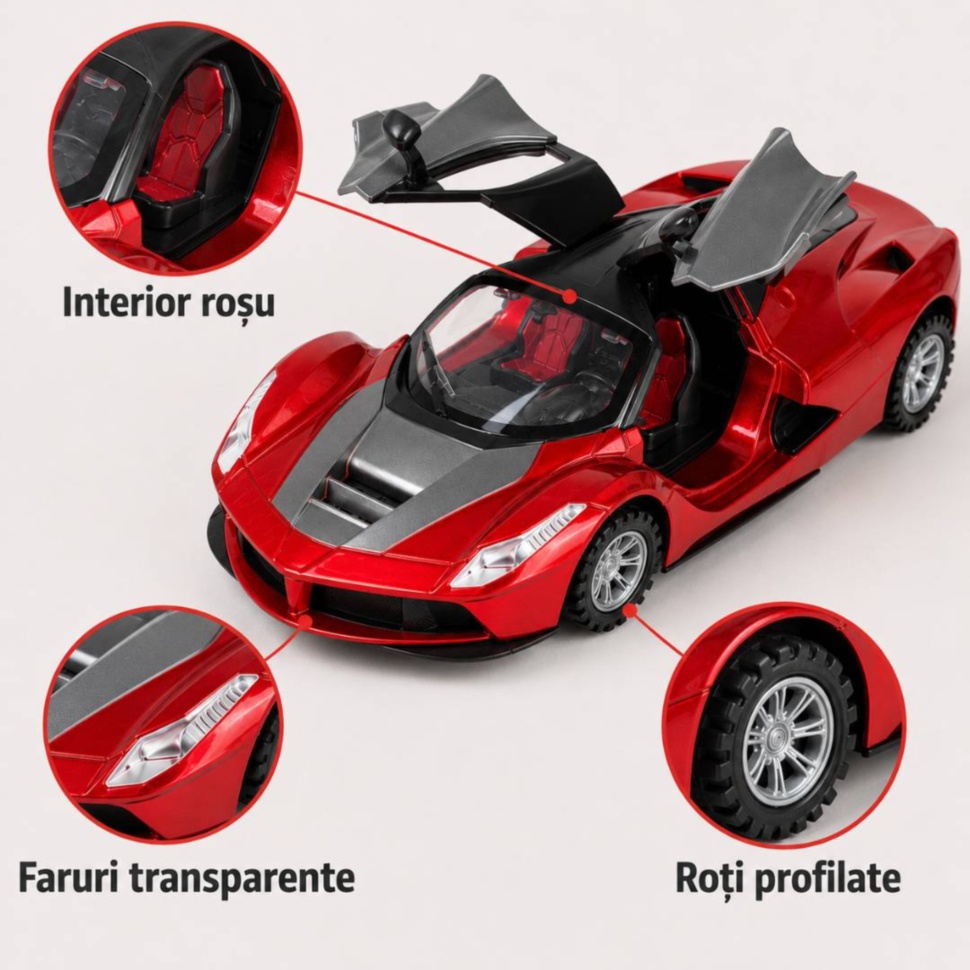 Detalii mașină sport cu interior roșu, faruri transparente și roți profilate