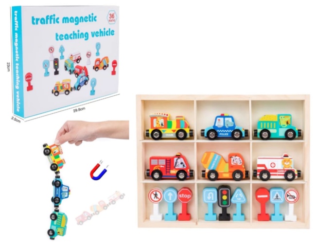 Trenuleț din lemn cu Vagoane Magnetice Vehicule și Semne de Circulație
