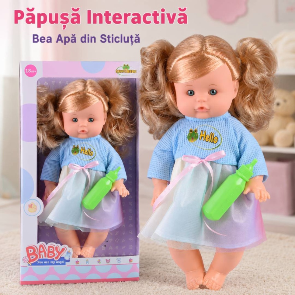 Păpușă interactivă cu sticluță, păr blond și rochiță pastel pentru copii