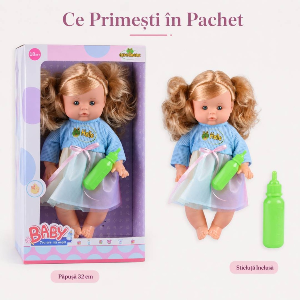 Ce primești în pachet: păpușă interactivă 32 cm și sticluță inclusă
