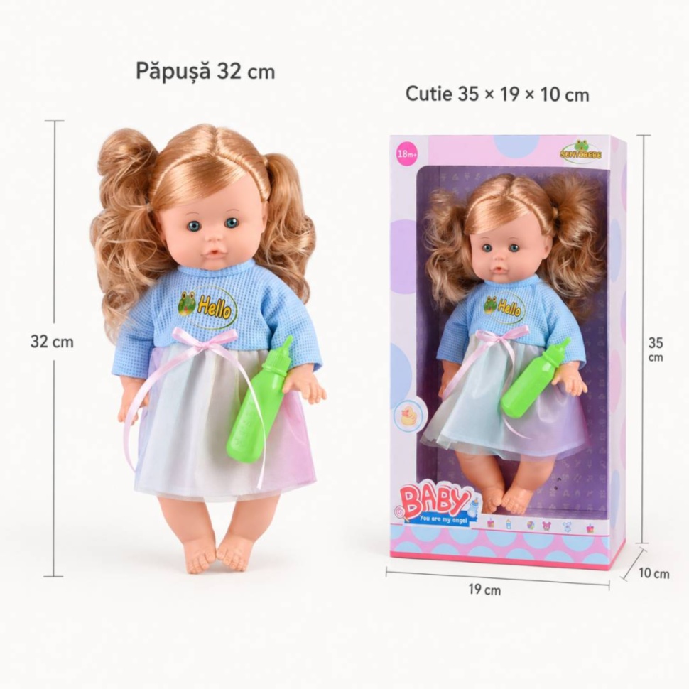 Dimensiuni păpușă 32 cm și cutie 35 × 19 × 10 cm