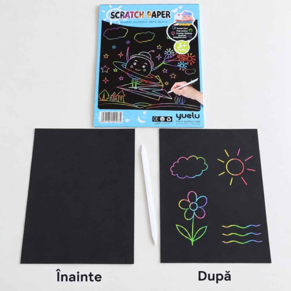 Foaie Scratch Paper înainte și după răzuire, cu desen multicolor realizat cu stylusul